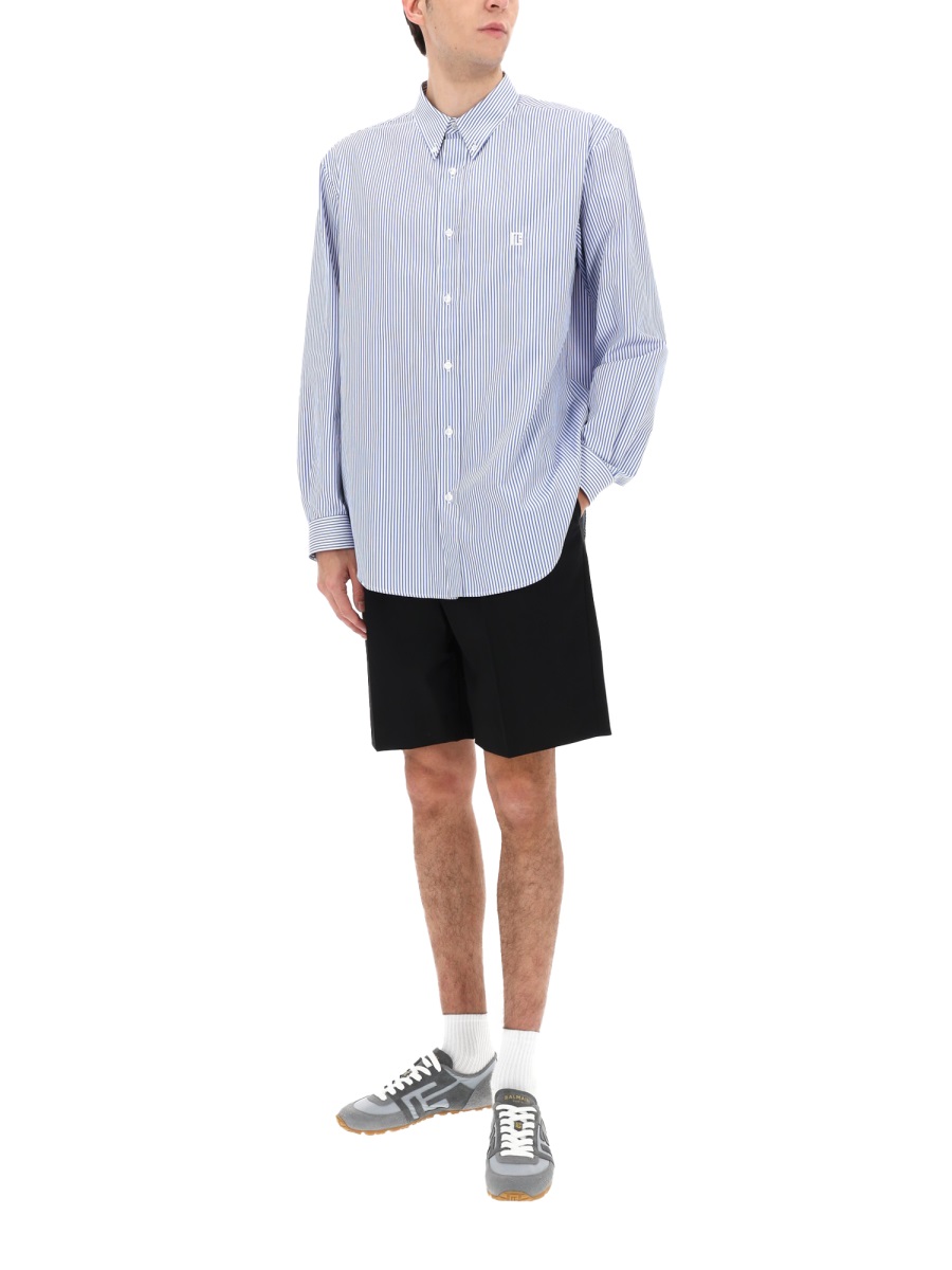 Balmain Blue Vertical Stripes Embroidered Shirt Blauw