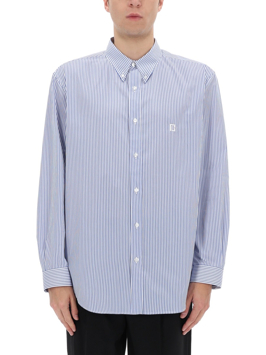 Balmain Blue Vertical Stripes Embroidered Shirt Blauw