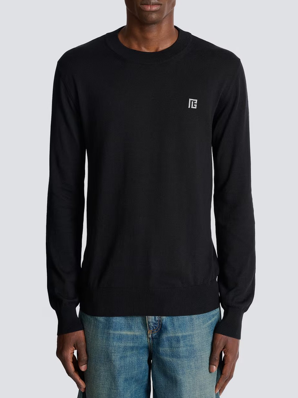 Balmain Black Classic Crew Neck Cotton Sweater Zwart