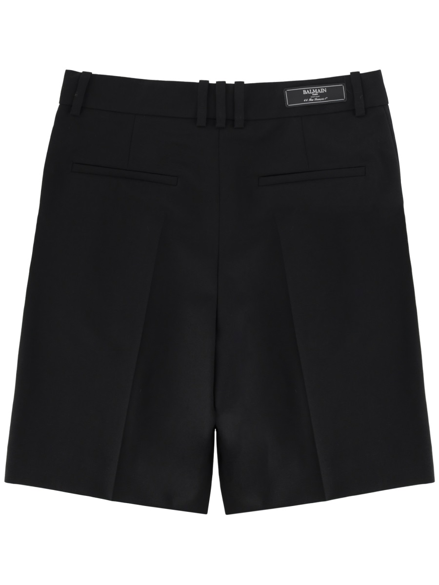 Balmain Neutrals Front Pleats Virgin Wool Shorts Zwart