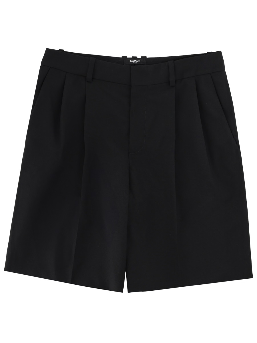 Balmain Neutrals Front Pleats Virgin Wool Shorts Zwart