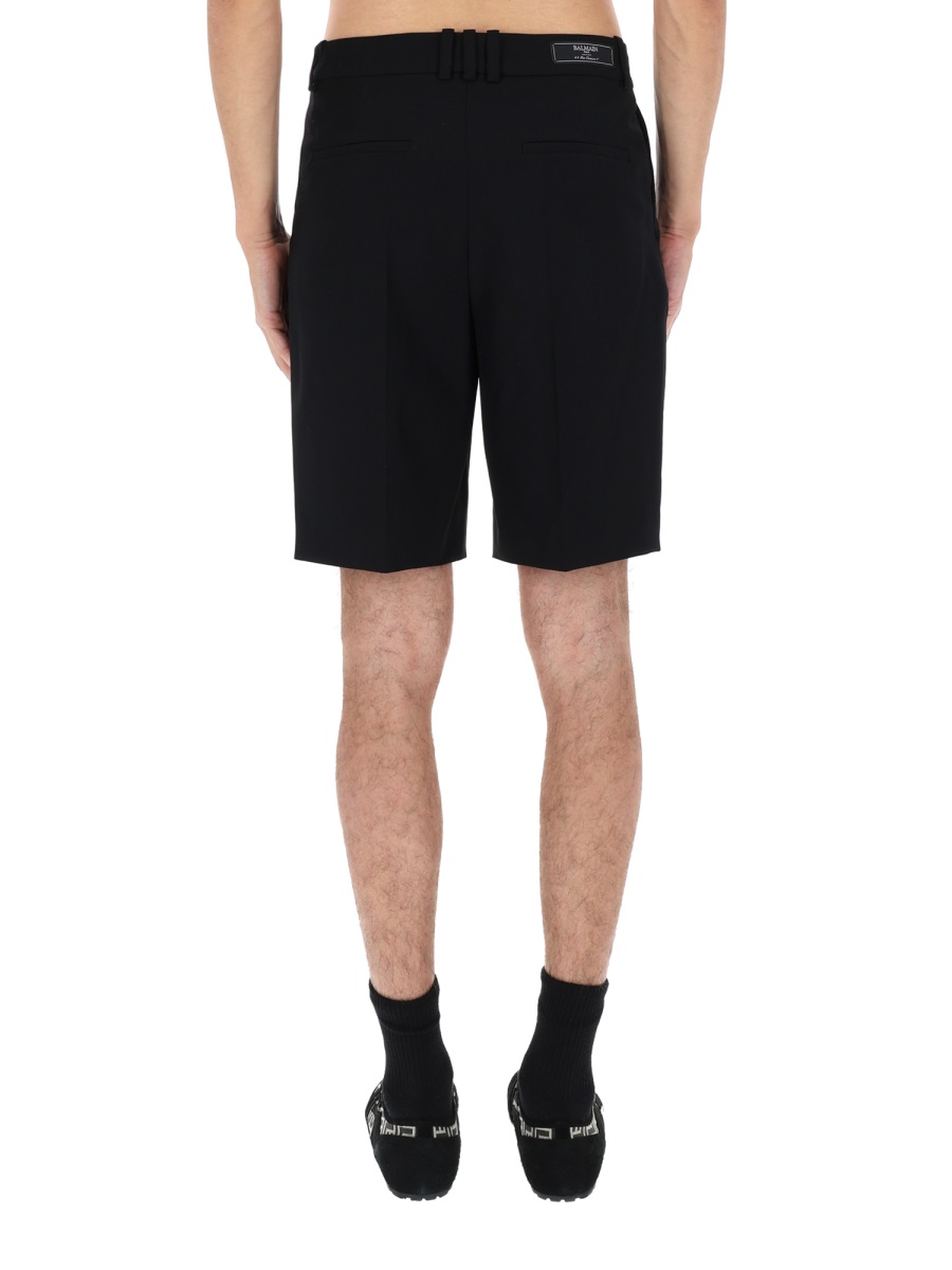 Balmain Neutrals Front Pleats Virgin Wool Shorts Zwart