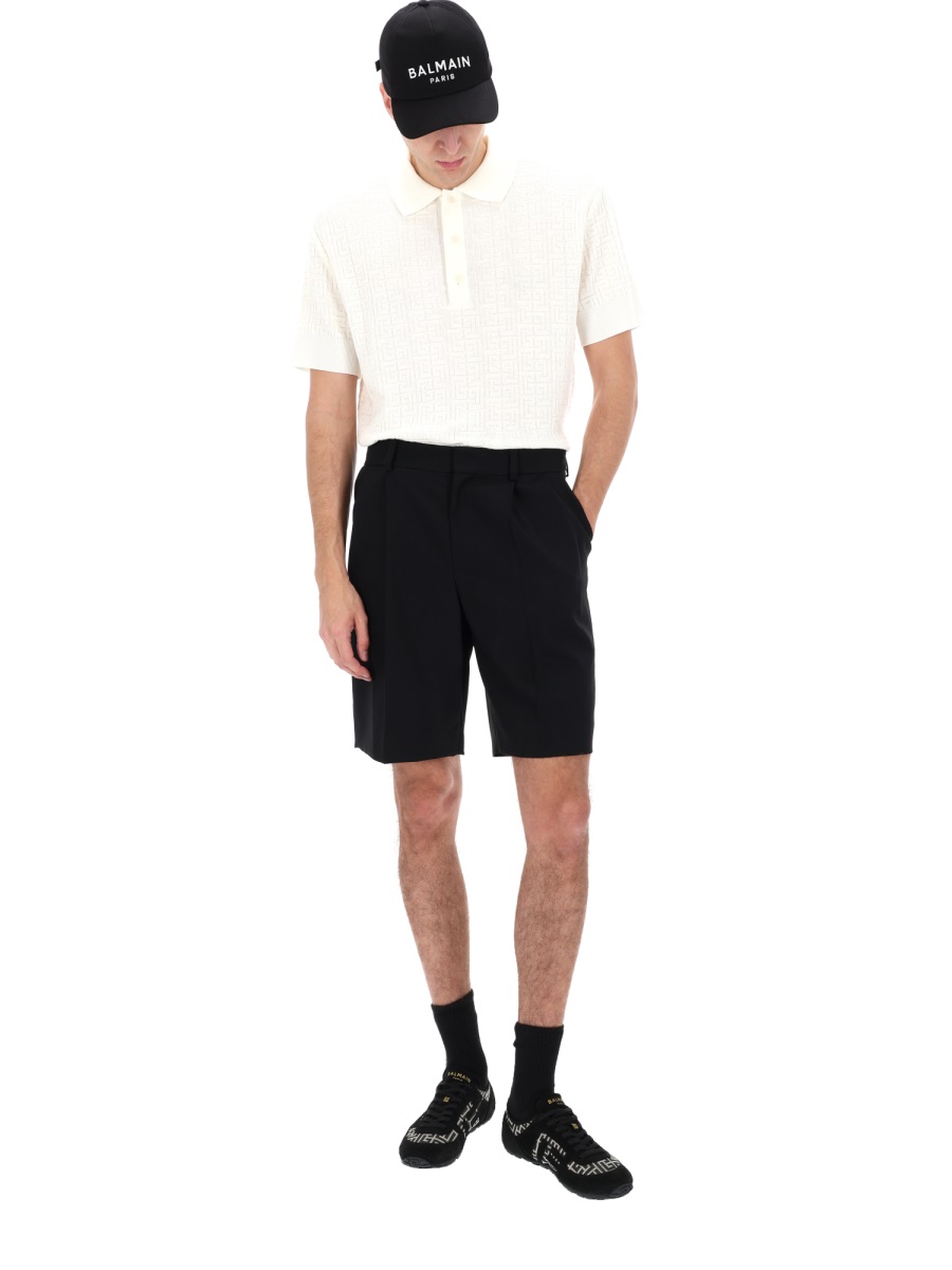 Balmain Neutrals Front Pleats Virgin Wool Shorts Zwart