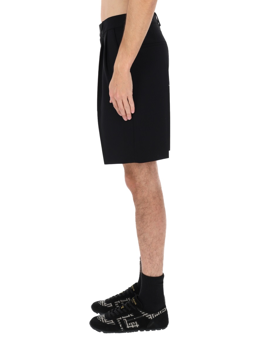 Balmain Neutrals Front Pleats Virgin Wool Shorts Zwart