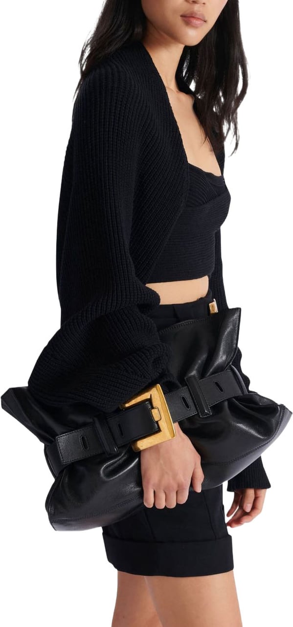 Balmain Black Minimalist Structured Leather Handbag Zwart