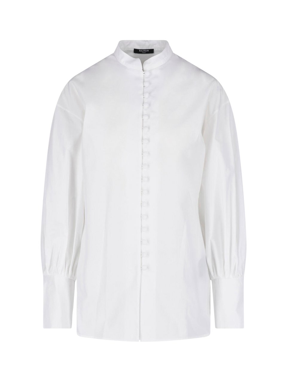 Balmain Mandarin Collar White Long-Sleeved Shirt with Gold-Tone Buttons Wit