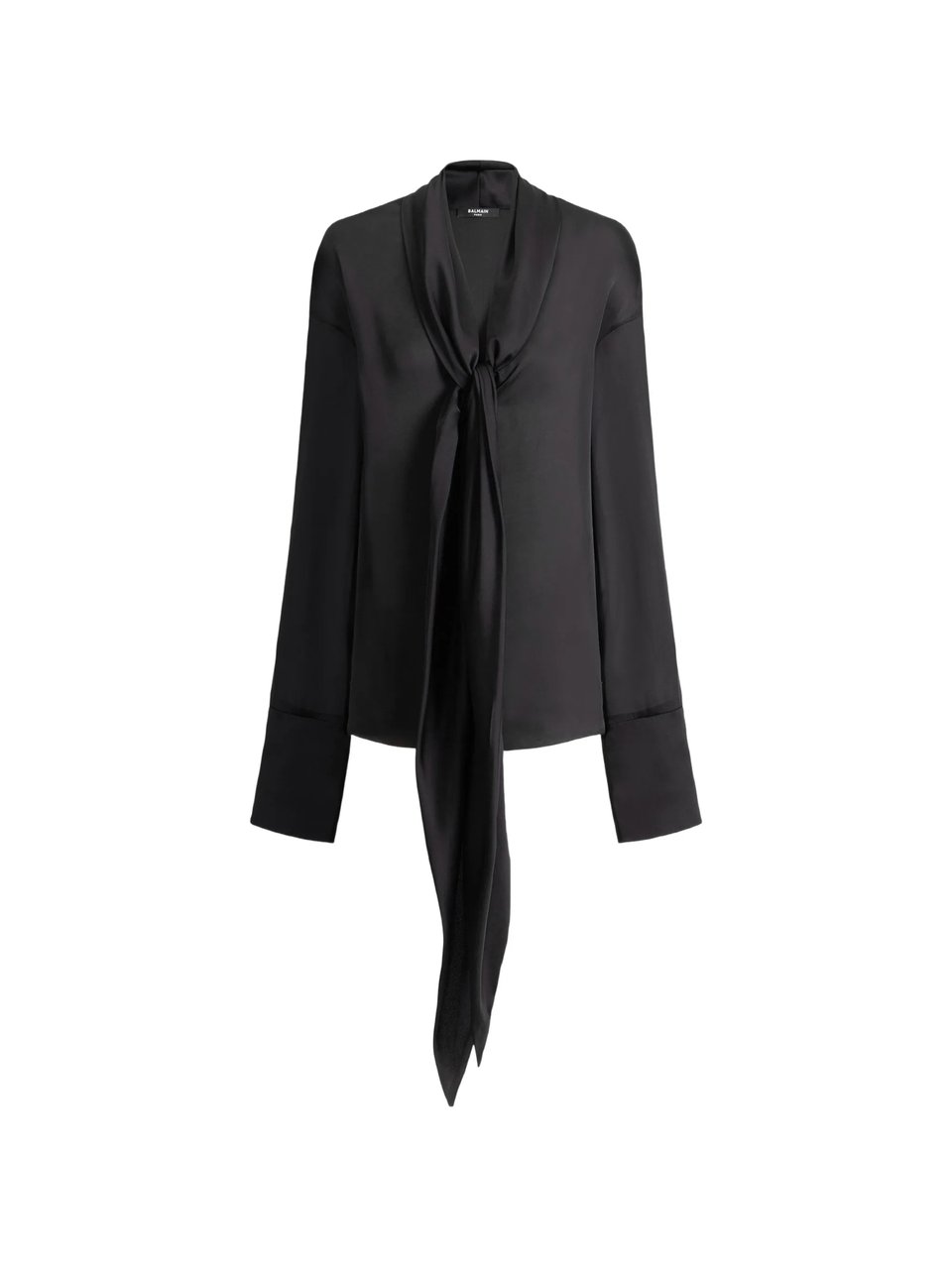 Balmain Black Silky Tie-Neck Shirt Zwart