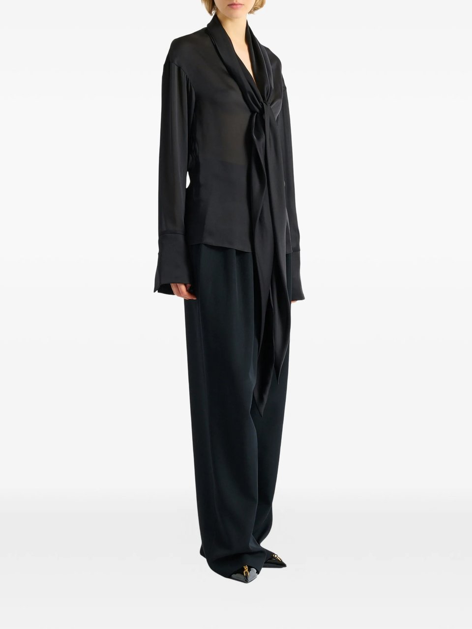 Balmain Black Silky Tie-Neck Shirt Zwart