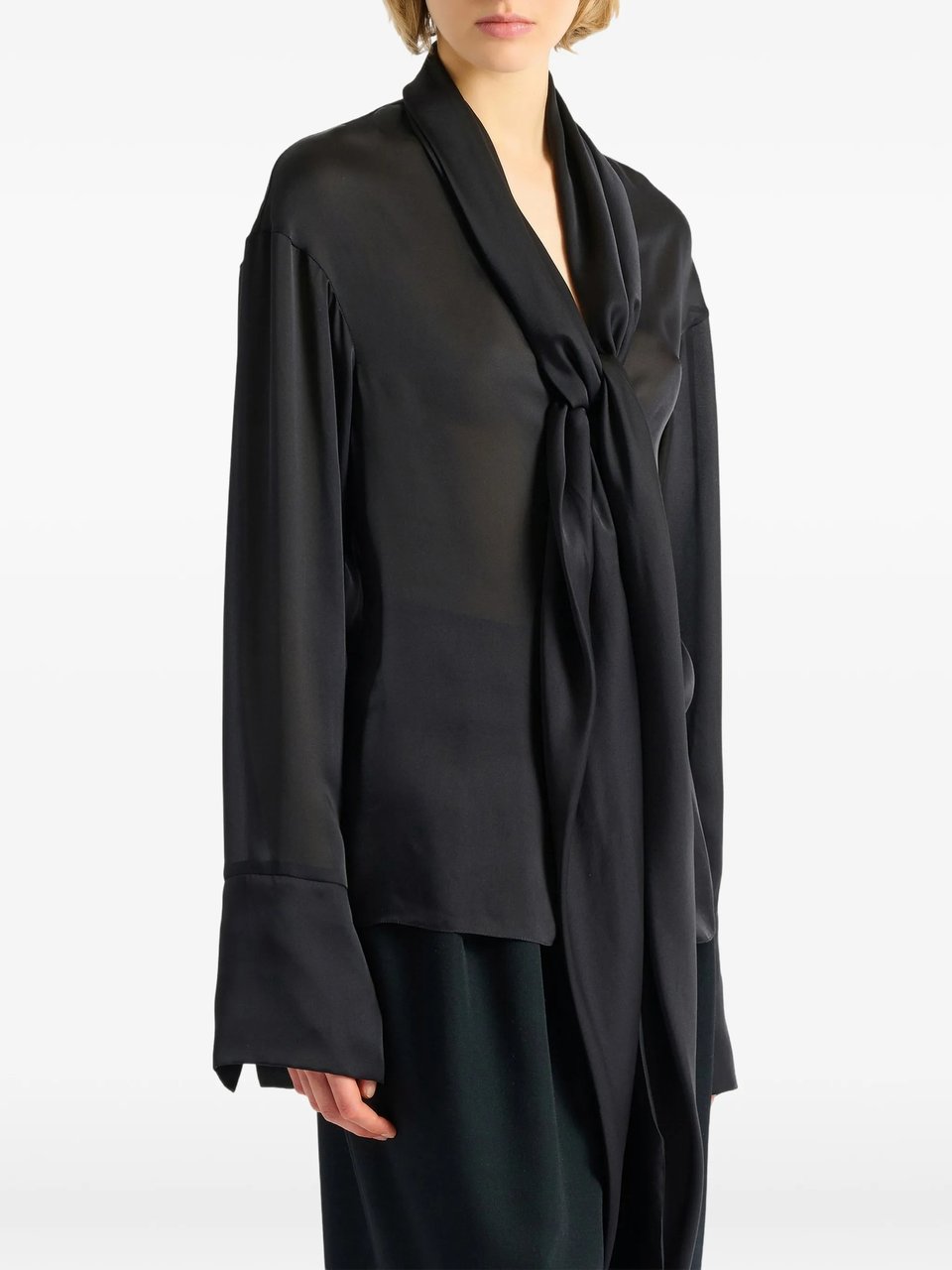 Balmain Black Silky Tie-Neck Shirt Zwart