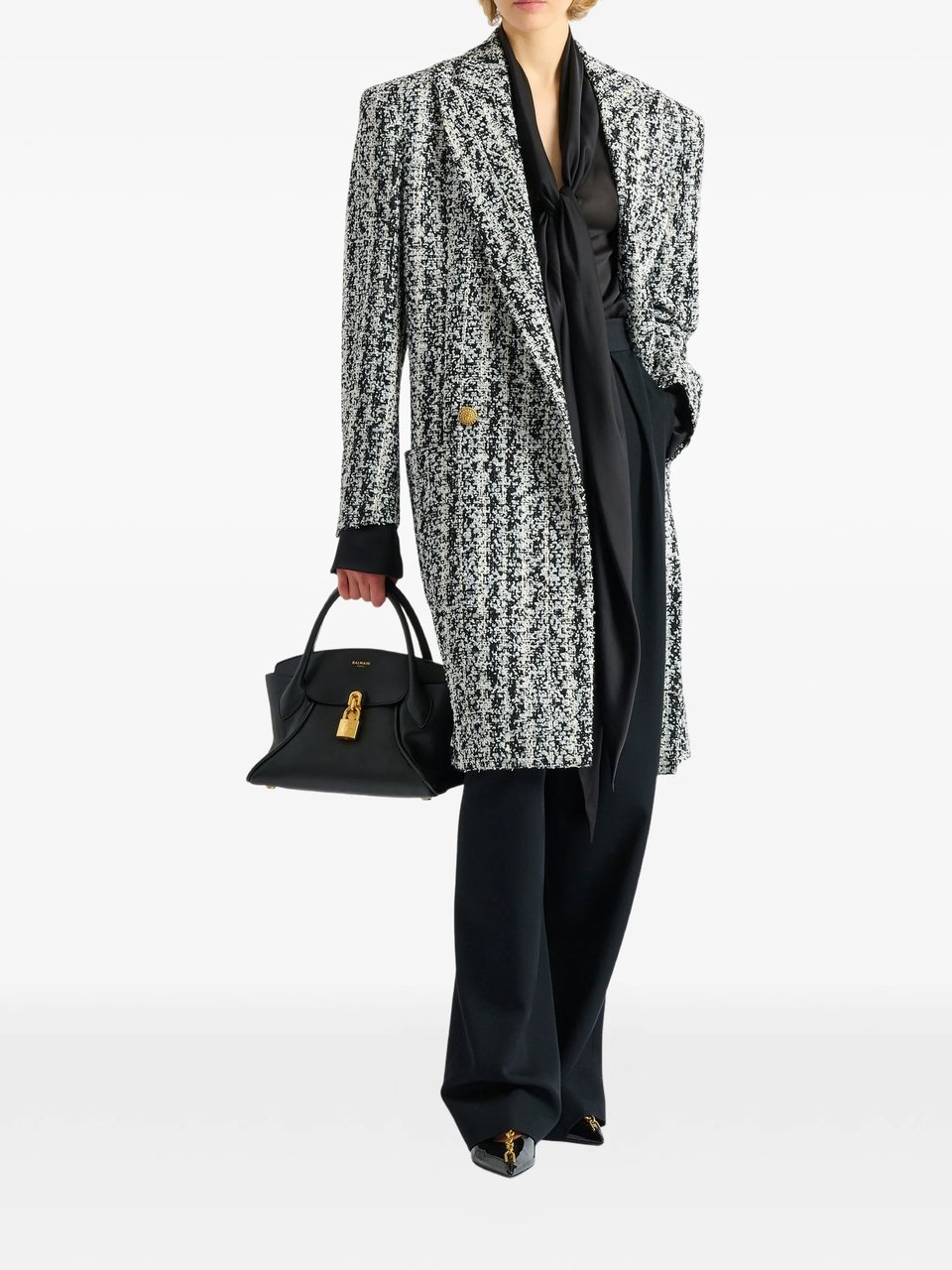 Balmain Black Silky Tie-Neck Shirt Zwart