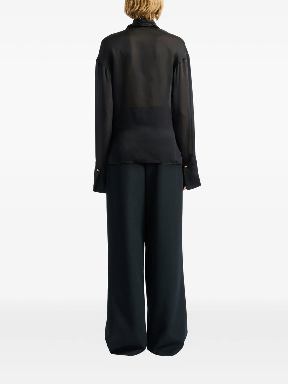 Balmain Black Silky Tie-Neck Shirt Zwart