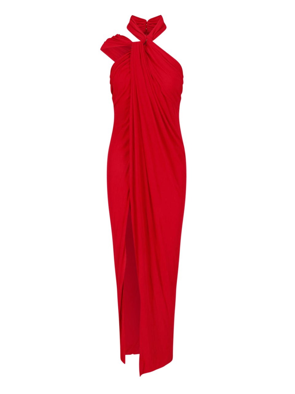 Balmain Draped Red Viscose Maxi Dress with Halter Neckline Rood
