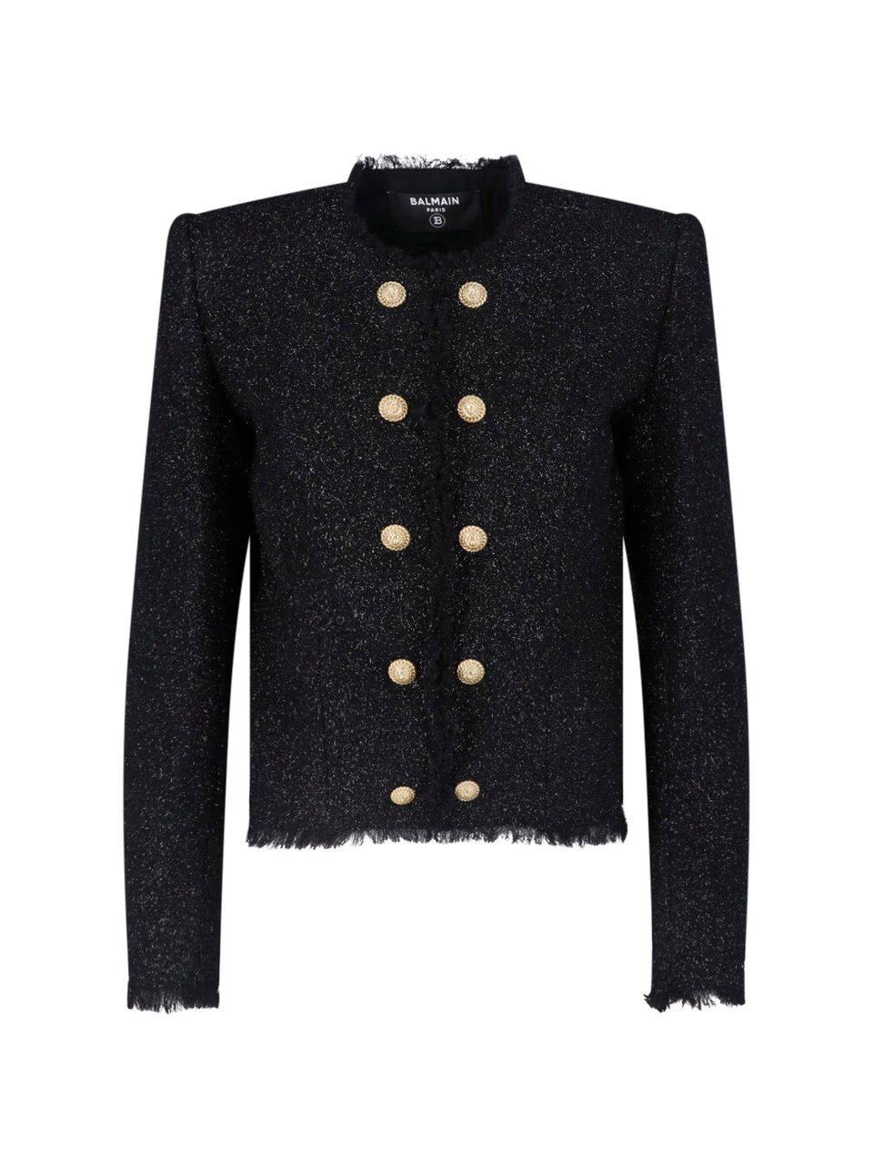 Balmain Cropped Textured Jacket with Gold Button Details Zwart