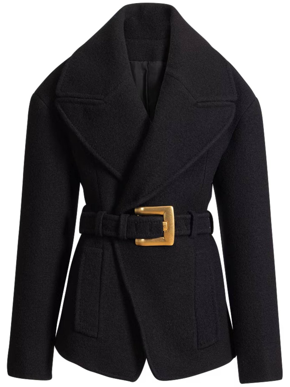 Balmain Black Belted Wool Short Coat Zwart