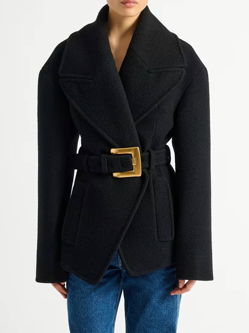Balmain Black Belted Wool Short Coat Zwart