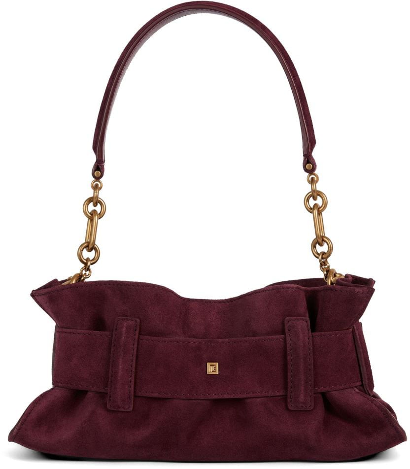 Balmain Burgundy Suede Shoulder Bag with Oversized Gold Buckle Maroon