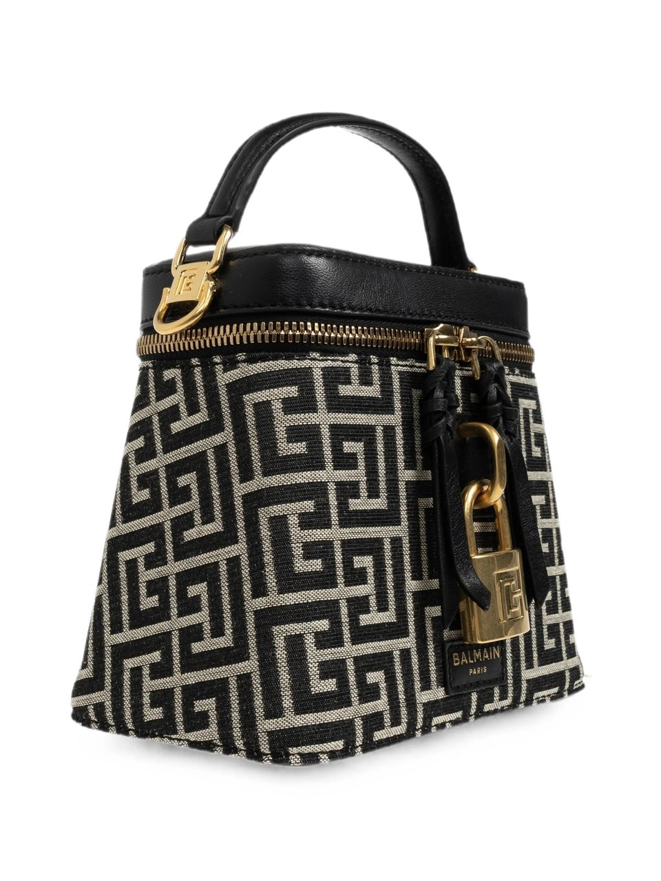 Balmain Trapezoidal Handbag with Geometric Pattern and Gold Accents Zwart