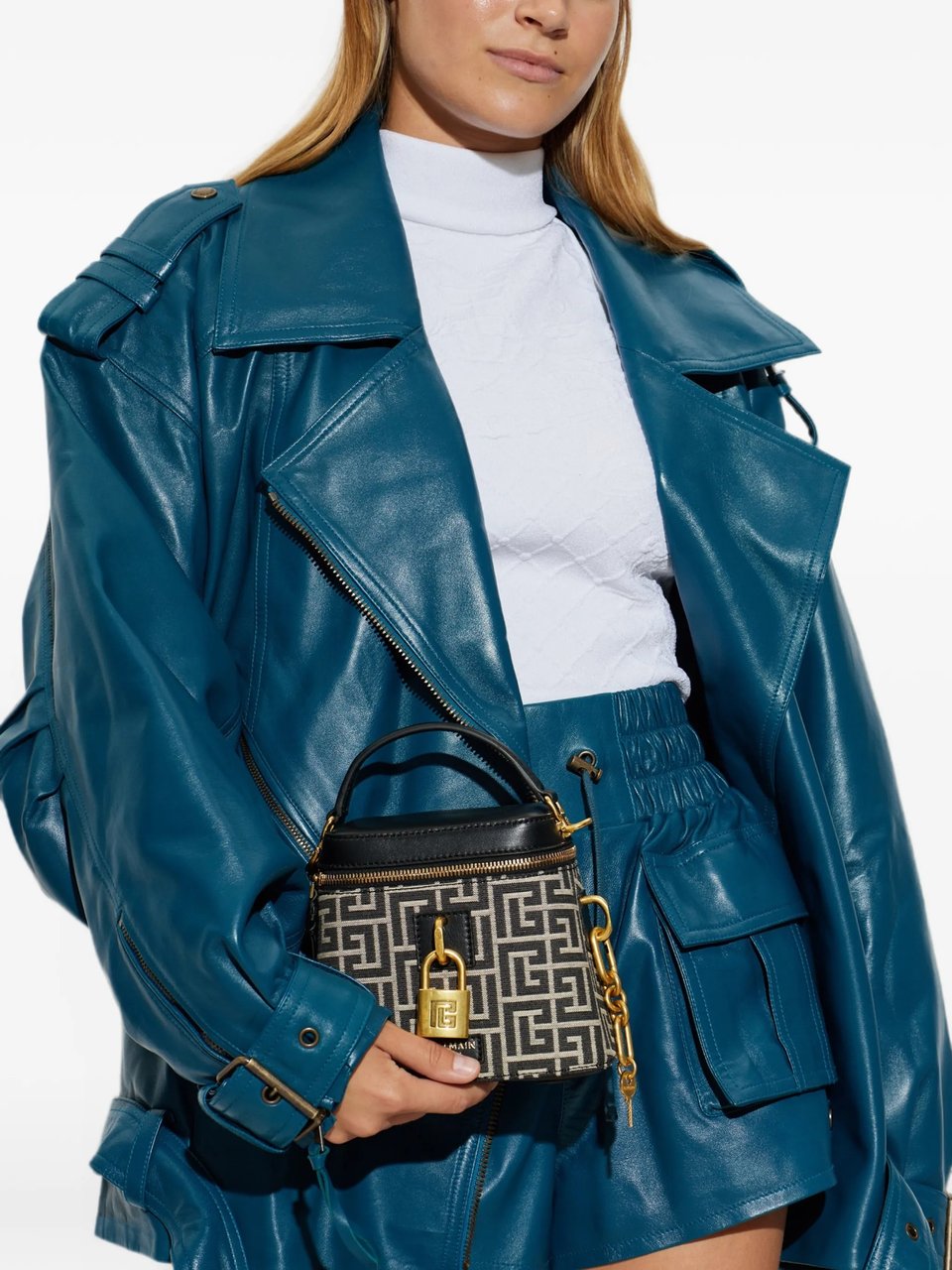 Balmain Trapezoidal Handbag with Geometric Pattern and Gold Accents Zwart