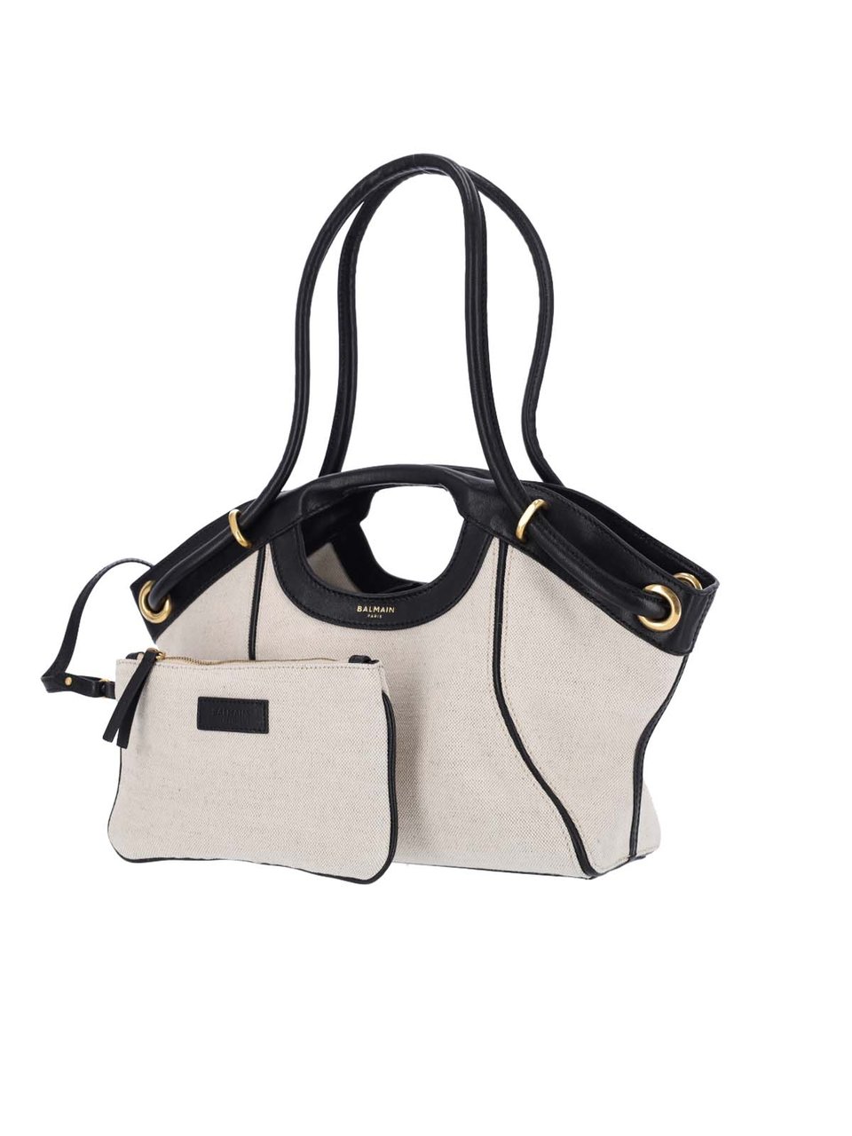 Balmain Beige Canvas Handbag with Black Leather Trim Neutraal