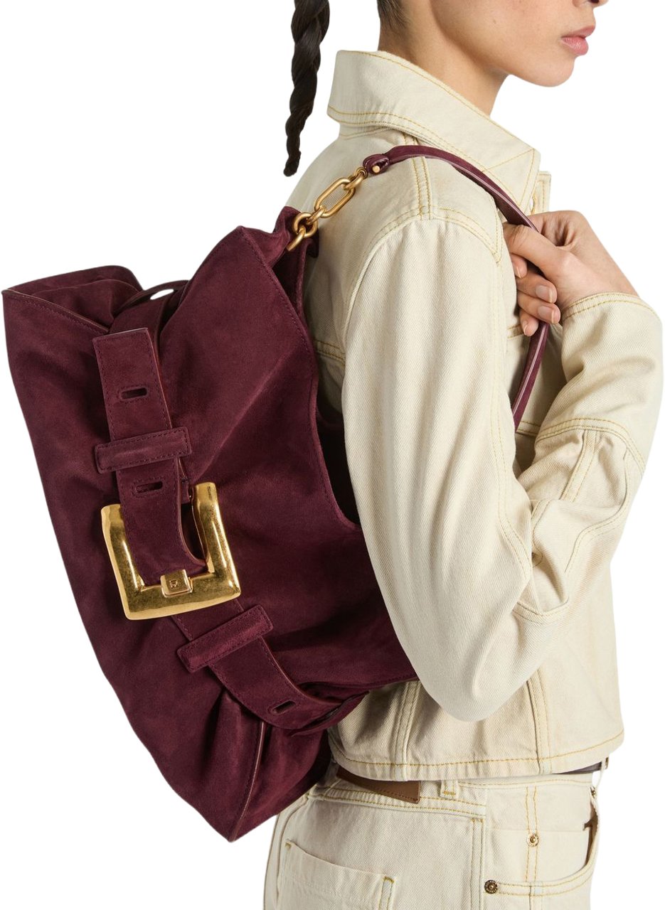 Balmain Burgundy Slouchy Suede Bag Maroon