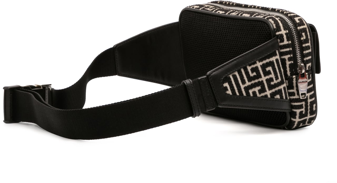 Balmain Monogram Leather Trimmed Jacquard Belt Bag Zwart