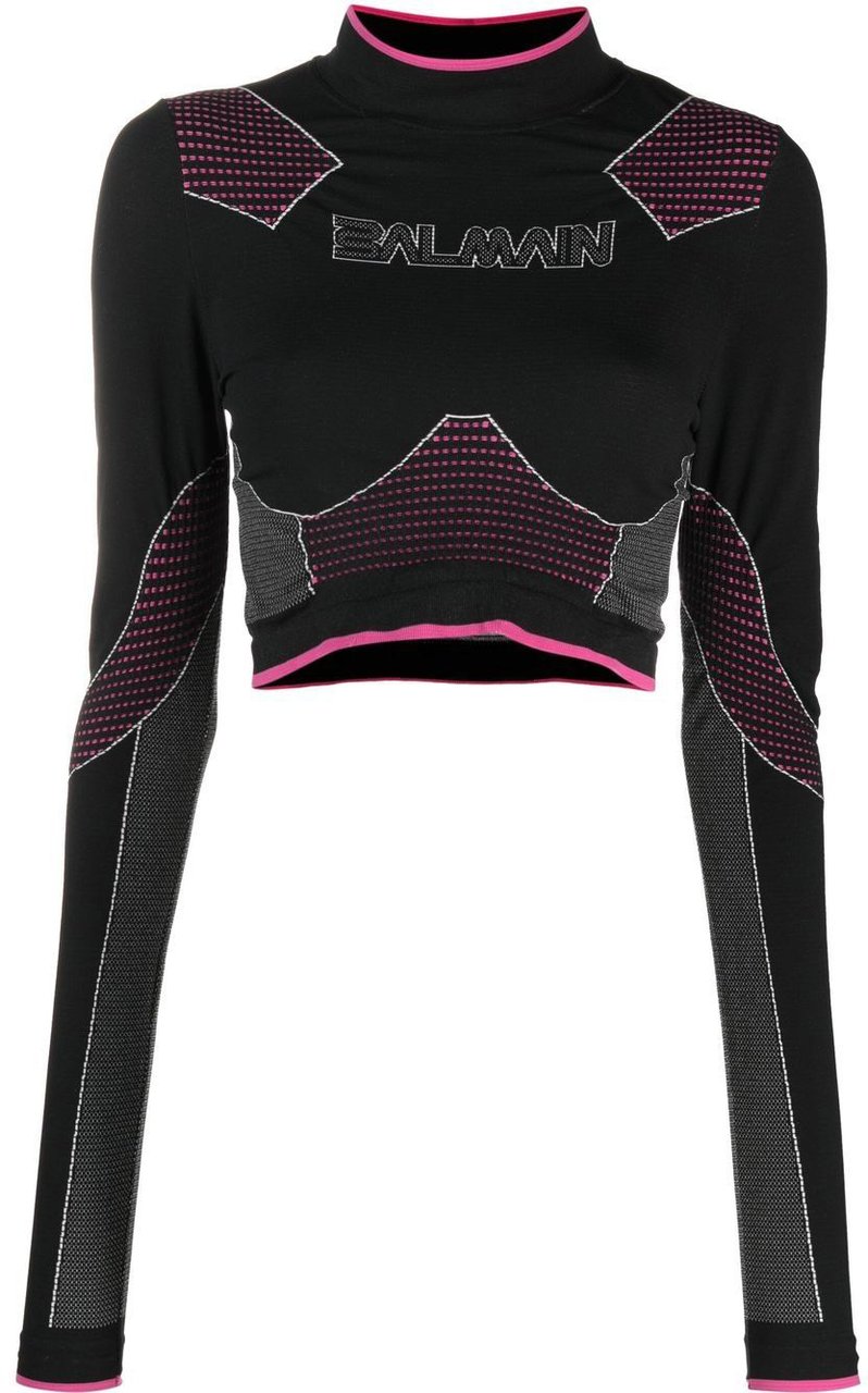 Balmain Black Seamless Jersey Cropped Polyamide Top Zwart
