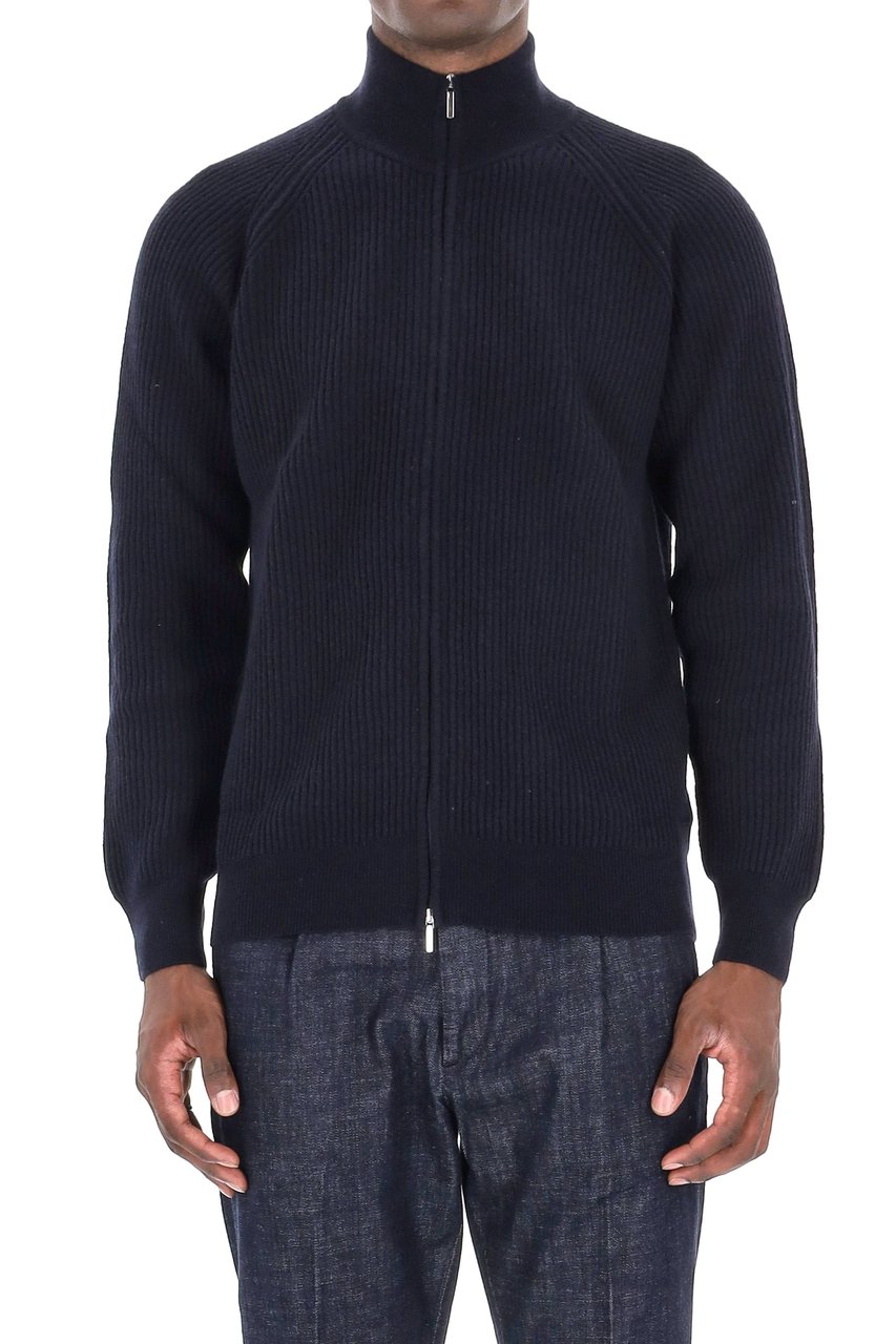 Barba Ribbed Full Zip Virgin Wool Sweater Zwart