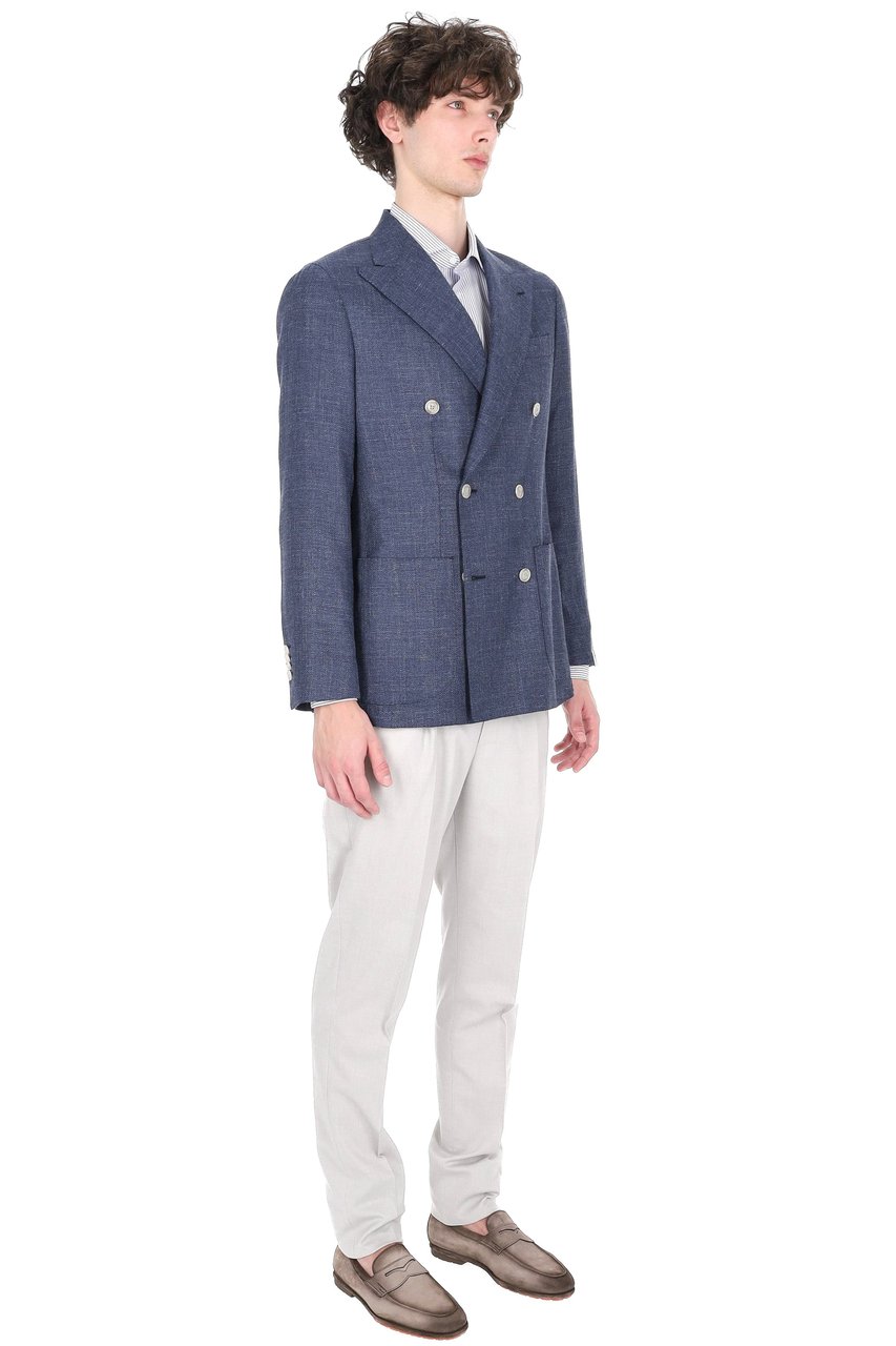 Barba Double-Breasted Textured Weave Jacket in Wool-Silk-Linen Blend Grijs