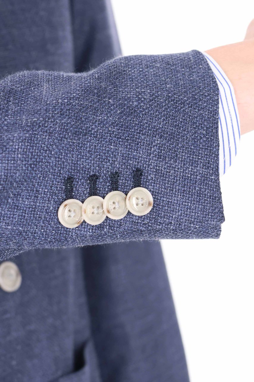 Barba Double-Breasted Textured Weave Jacket in Wool-Silk-Linen Blend Grijs