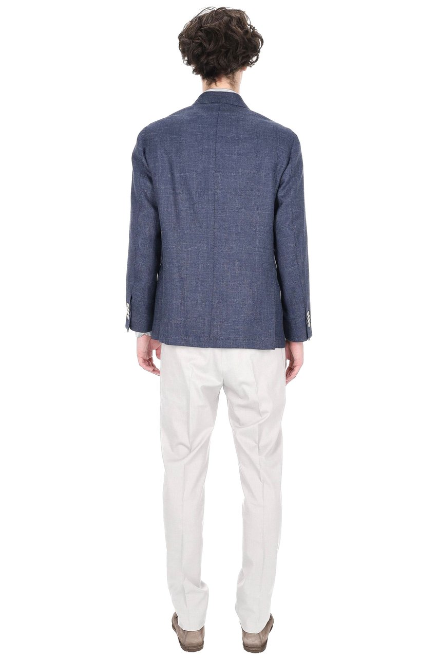 Barba Double-Breasted Textured Weave Jacket in Wool-Silk-Linen Blend Grijs