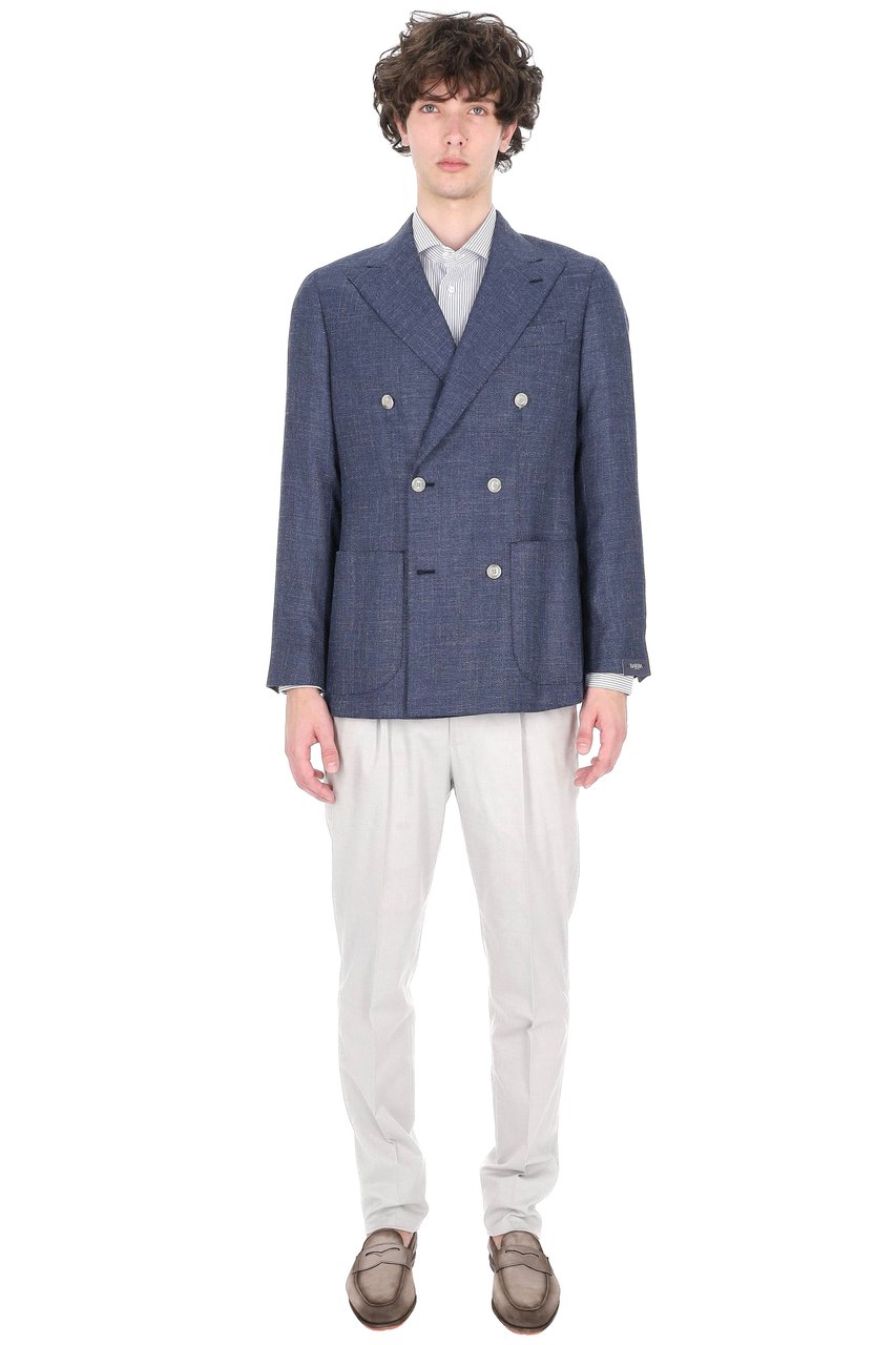 Barba Double-Breasted Textured Weave Jacket in Wool-Silk-Linen Blend Grijs