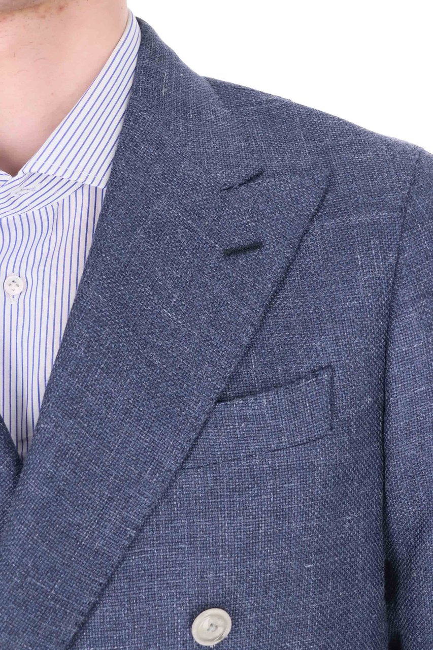 Barba Double-Breasted Textured Weave Jacket in Wool-Silk-Linen Blend Grijs
