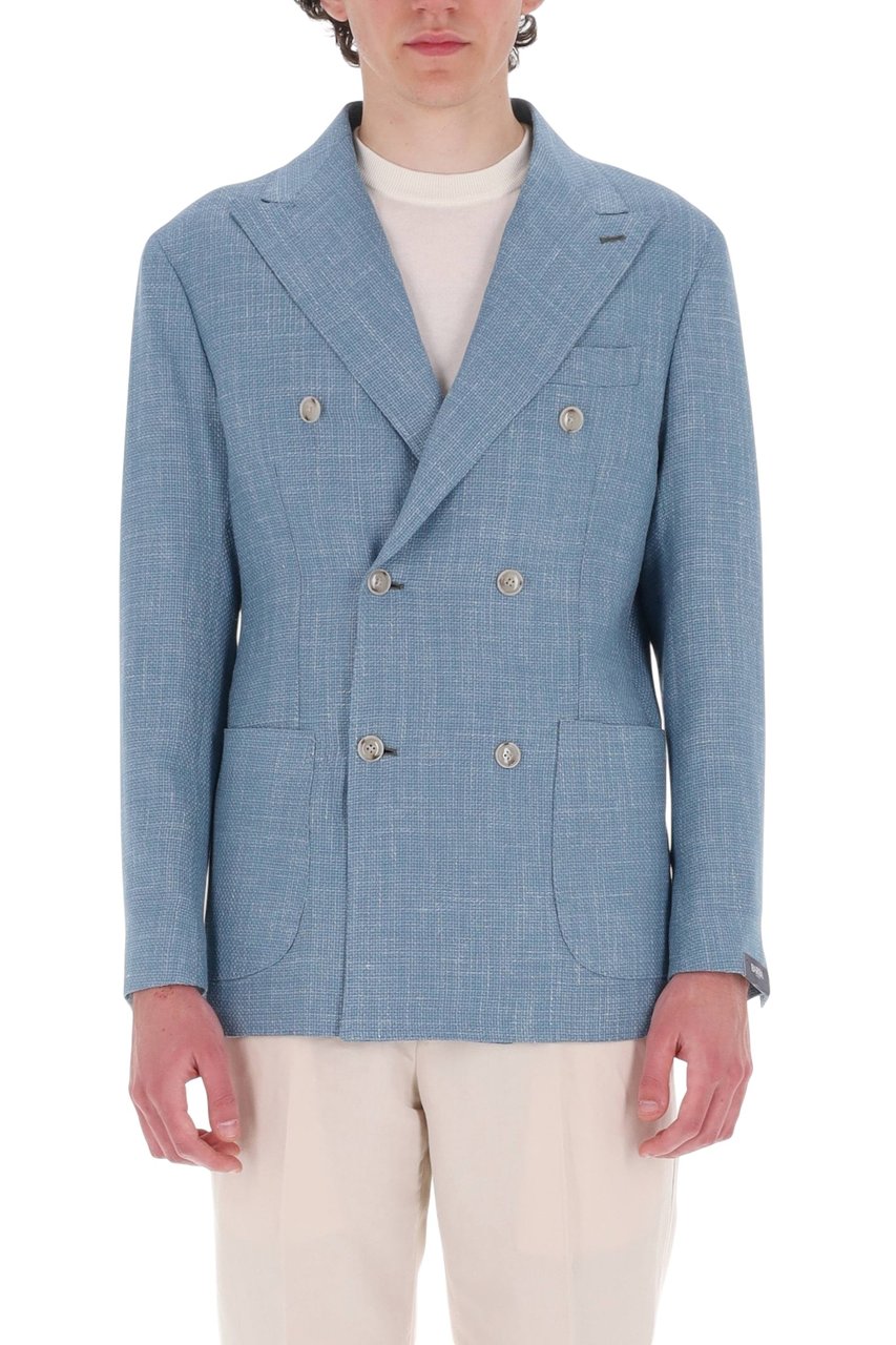 Barba Light Blue Double-Breasted Textured Blazer Blauw