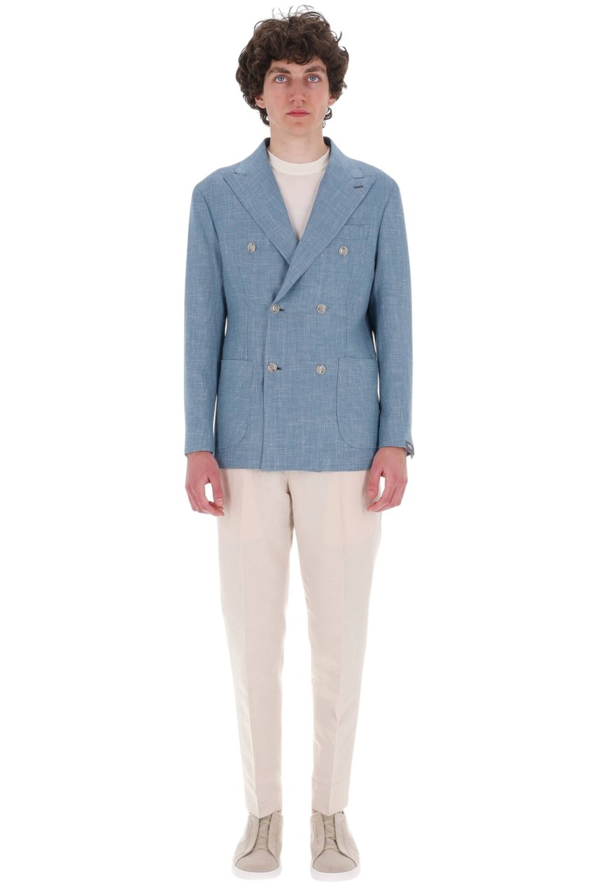 Barba Light Blue Double-Breasted Textured Blazer Blauw