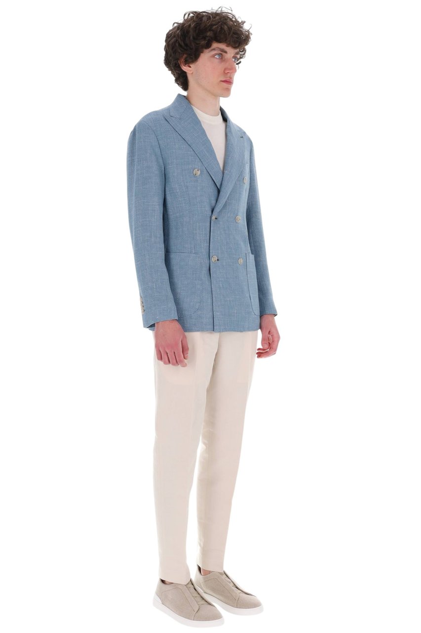 Barba Light Blue Double-Breasted Textured Blazer Blauw