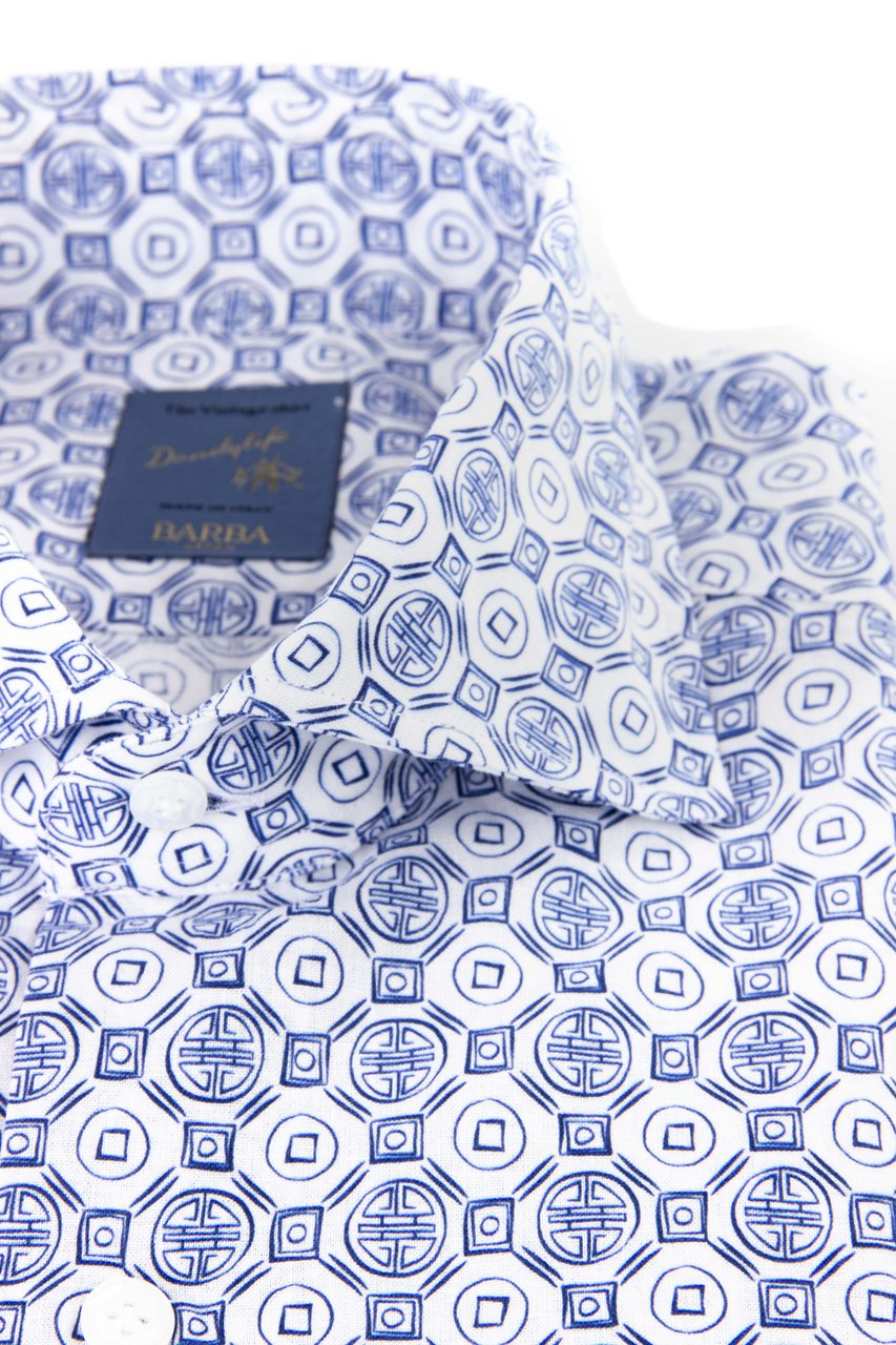 Barba Geometric Print Cotton-Linen Shirt Dandylife Wit