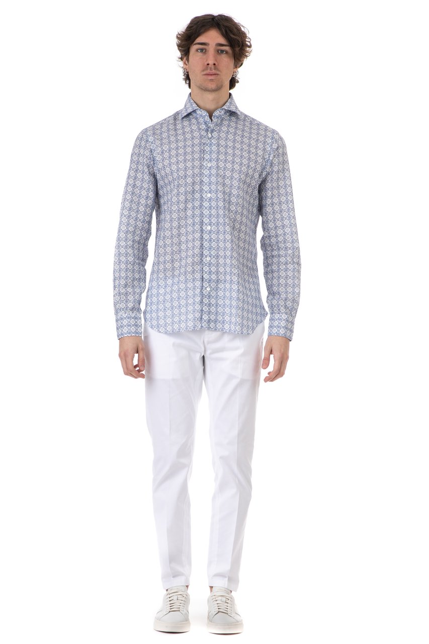 Barba Geometric Print Cotton-Linen Shirt Dandylife Wit