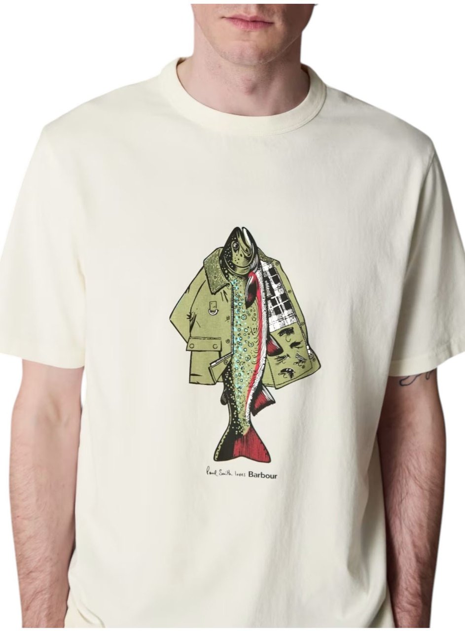 Barbour T-shirt blanc print poisson veste Paul Smith loves Barbour MTS1612 WH32 homme Wit