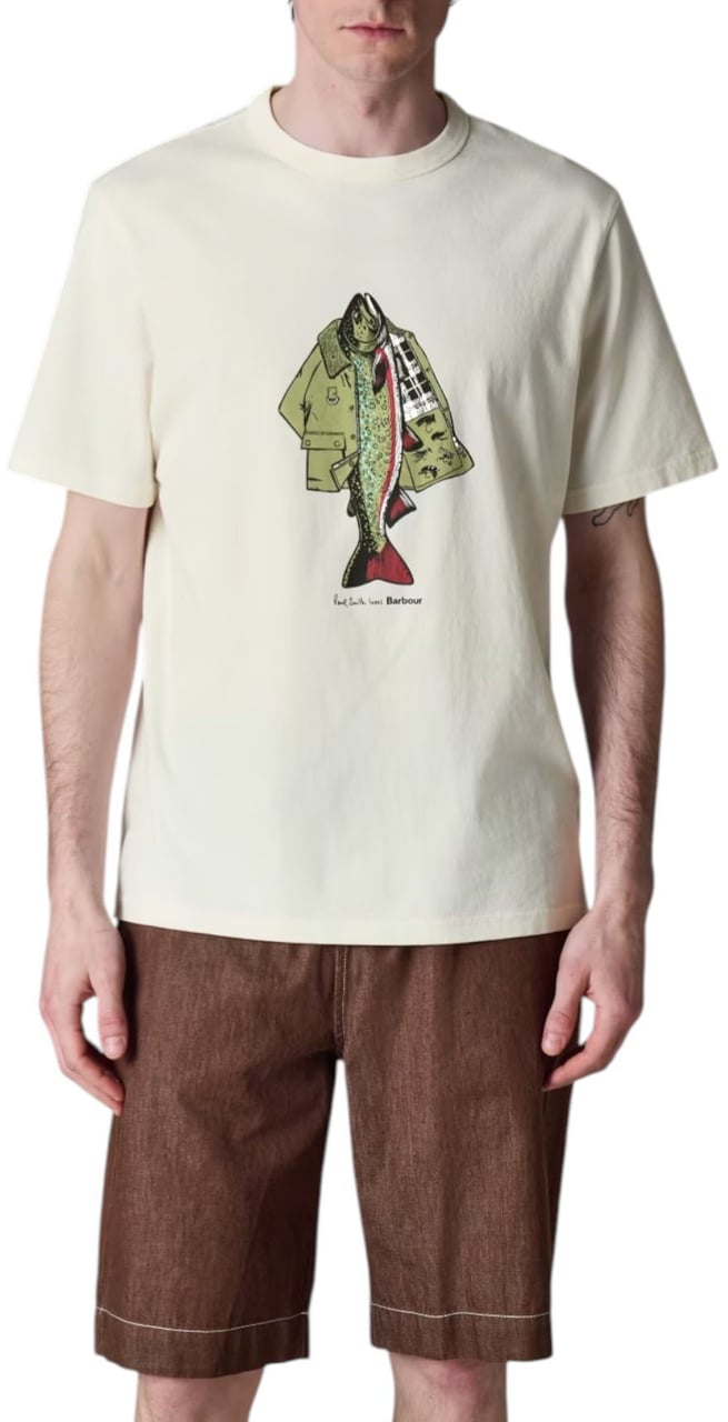 Barbour T-shirt blanc print poisson veste Paul Smith loves Barbour MTS1612 WH32 homme Wit