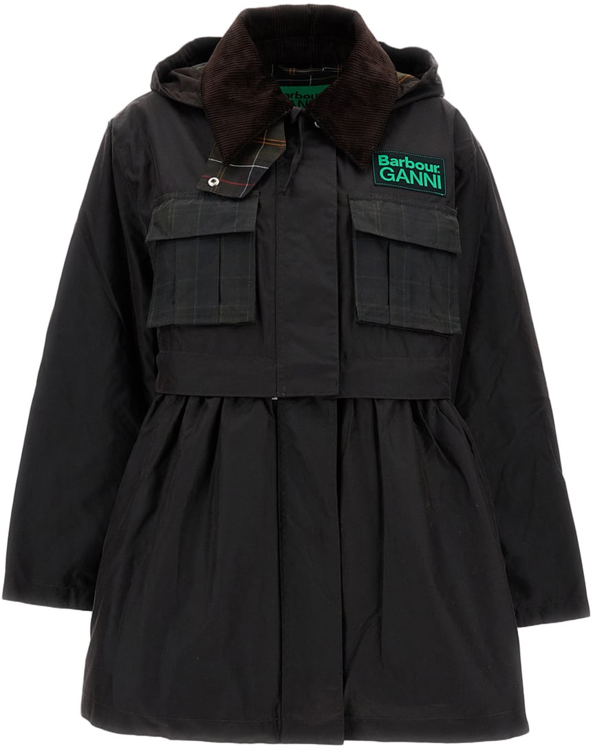 Barbour Waxed Black Jacket With Rouches Trim And Removable Hood Bruin
