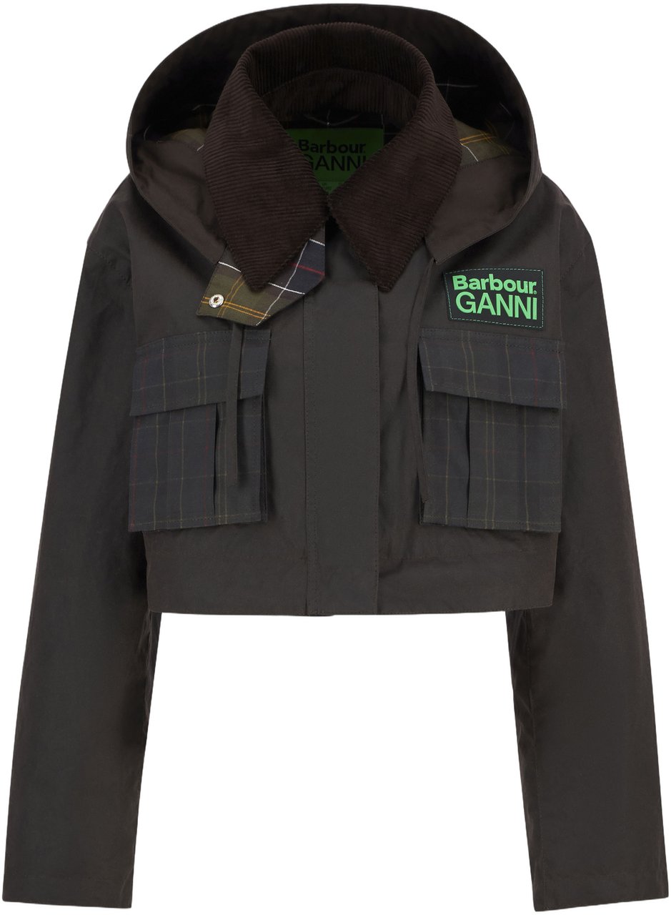Barbour Waxed Black Jacket With Rouches Trim And Removable Hood Bruin