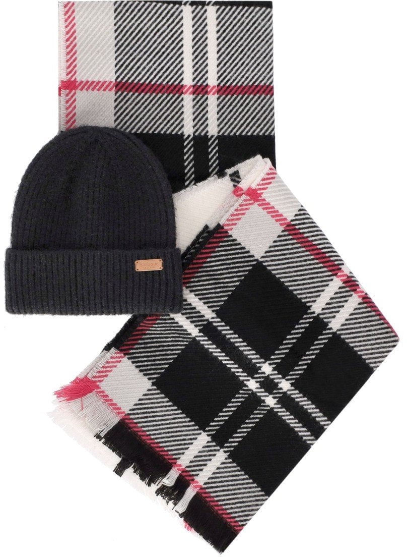 Barbour BARBOUR HOT PINK MONOCHROME PENDLE BEANIE + BLAIR SCARF SET Zwart