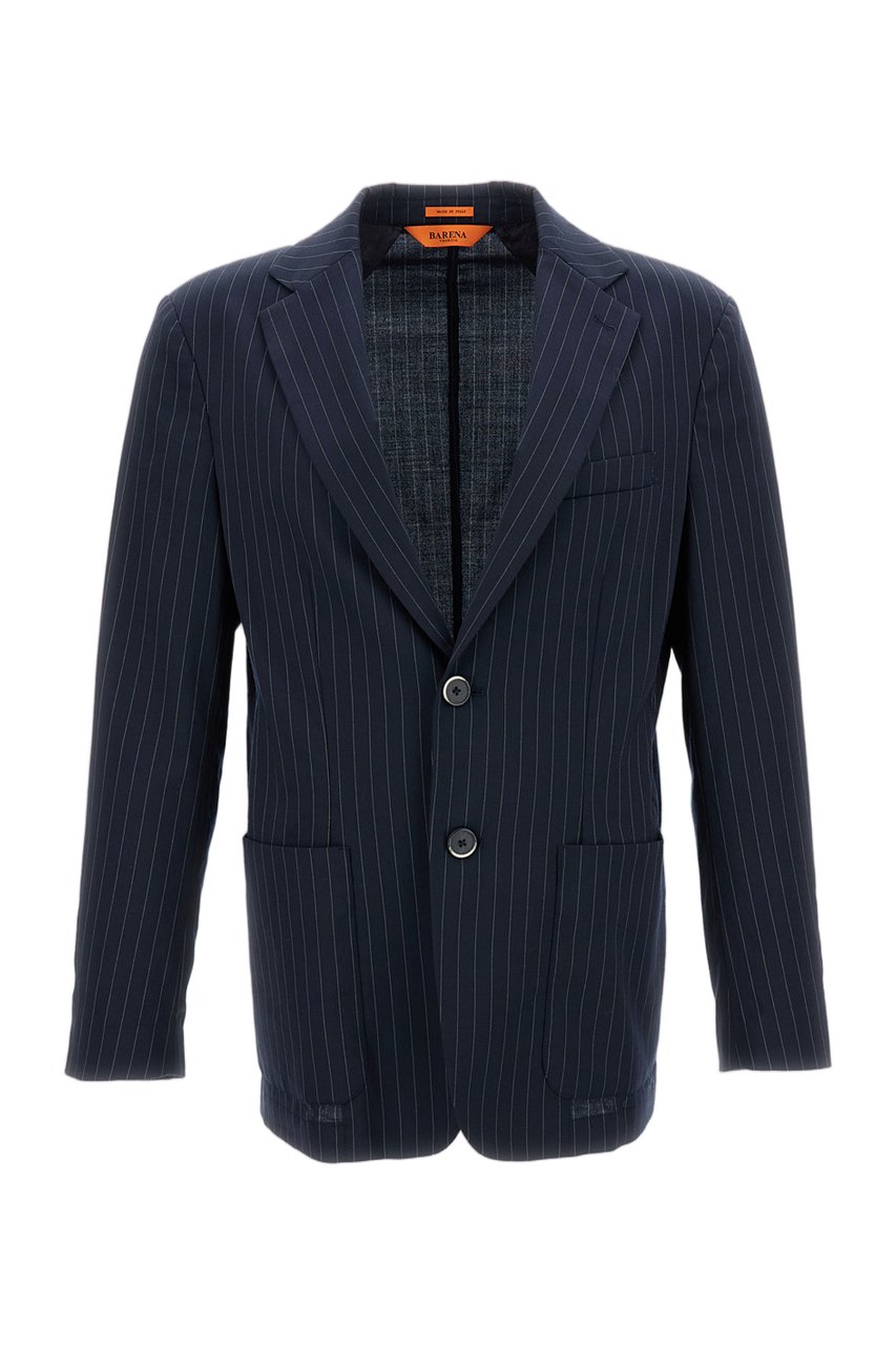 Barena Pinstripe Wool Blend Single-Breasted Jacket with Patch Pockets Blauw
