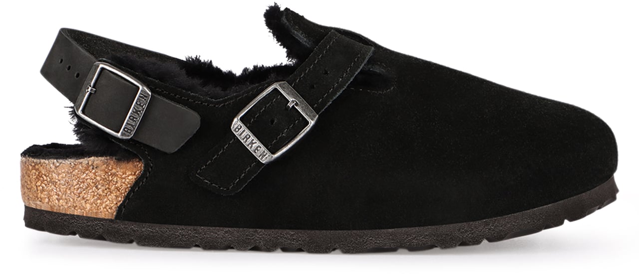 Birkenstock Tokio leather and fur slippers Zwart