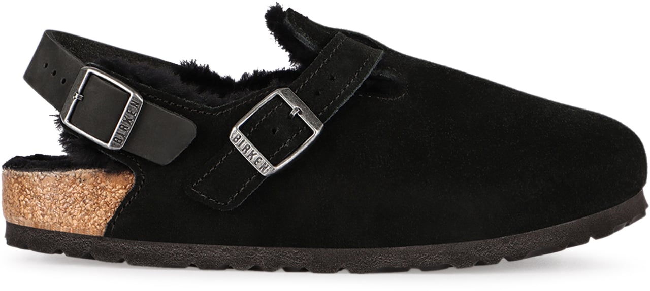 Birkenstock Tokio leather and fur slippers Zwart