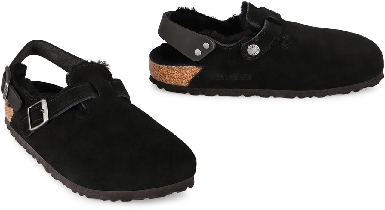 Birkenstock Tokio leather and fur slippers Zwart