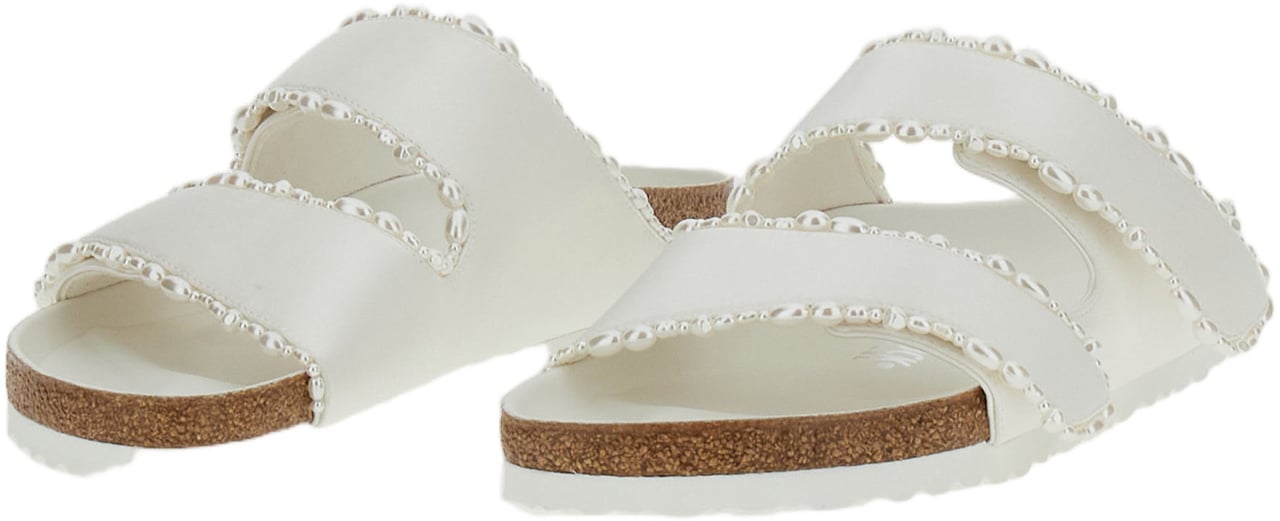 Birkenstock Ivory Satin Arizona Sandals with Pearl Detailing Wit