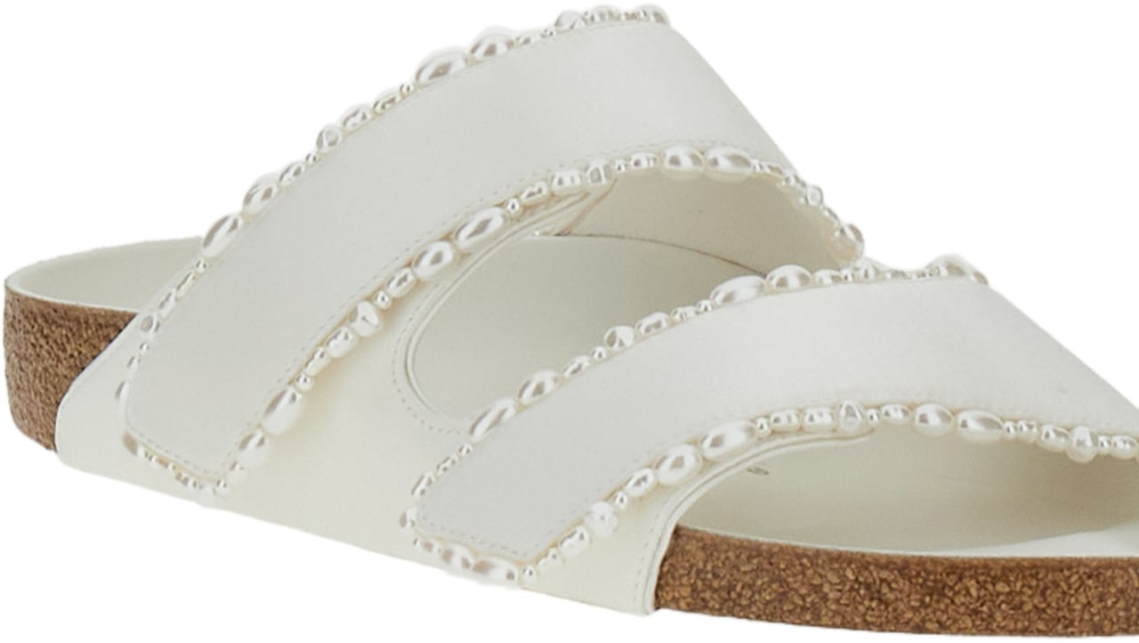 Birkenstock Ivory Satin Arizona Sandals with Pearl Detailing Wit