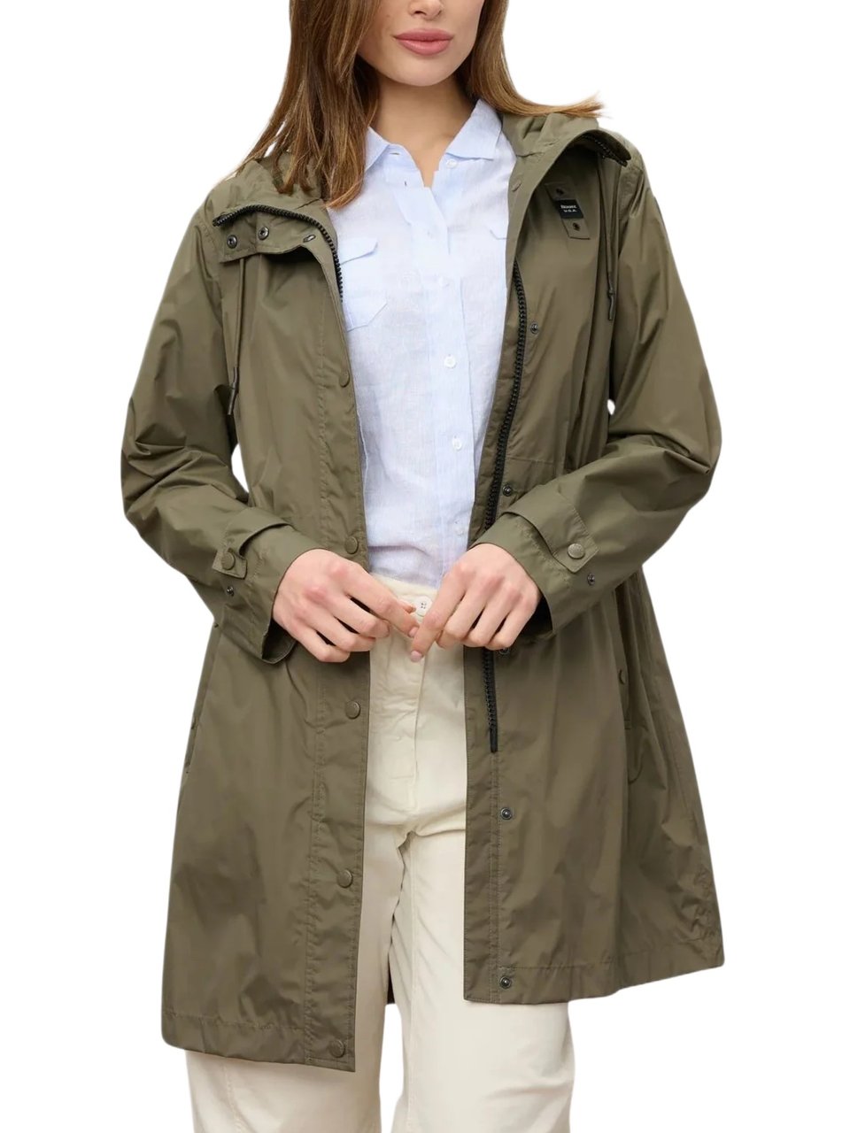 Blauer Long Green Impermeable Coat With Adjustable Features Grijs