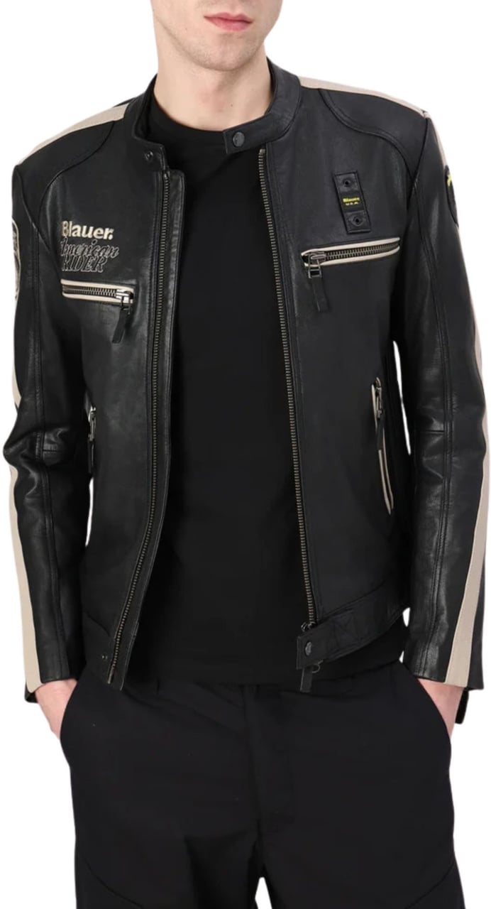 Blauer Garner Leather Jacket Black Slim Fit With Stand Collar For Men 26Sblul02439-007521 999 Zwart
